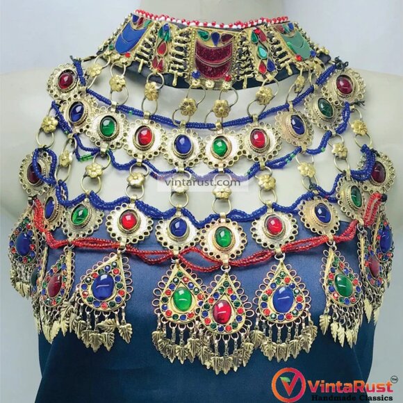 Multicolor Big Unique Choker Necklace, Old Kuchi Afghan Choker Necklace - Picture 1 of 12
